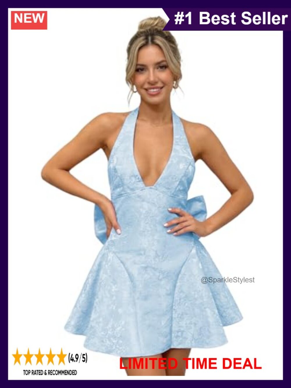 Satin Embroidery A Line Mini Dress Halter Bowknot